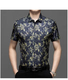 Aidase Men Floral Print Shirt Summer Silk Business Dress Shirts Short Sleeve Club Casual Flower Tops Clothing