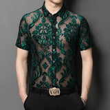 Aidase New Fashion Floral Embroidery Transparent Shirt Man See Through Sexy Casual  Shirts Men Social Party Lace Sheer Blouse Hollowout aidase-shop