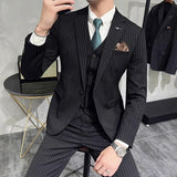 Aidase Fashion New Men's Boutique Business Slim Wedding Striped Double Breasted Suit Blazers Jacket Pants Trousers Vest 3 Pcs Set aidase-shop