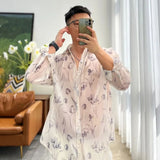 Aidase Men Sheer Floral Shirt Fashion Sexy Mesh See-through Long Sleeve Shirts Summer Casual Blouse Neutral Thin Loose LGBT Clothing aidase-shop