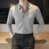 Aidase New High Quality No Trace Ice Silk Long Sleeve Elastic Shirts Men Formal Business Slim Fit Solid Casual Shirt Tuxedo 4XL-M aidase-shop