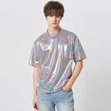 Aidase  Men T Shirt Shiny O-neck Short Sleeve Streetwear Loose Fashion Camisetas Summer Pockets Party Casual Tee Tops S-5XL aidase-shop