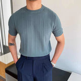 Aidase Korean Business Casual Summer New Round Neck Knit T-shirt Youth Men's Solid Jacquard Stripe Screw Thread Short Sleeve Thin Top aidase-shop