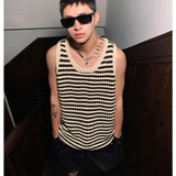 Summer New Niche Knitted Hollow Striped Vest Men Spaghetti Straps O-Neck Casual Loose Retro Couple Knit Sweater Vest aidase-shop