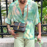 Aidase Summer Fashionable Style Tops INCERUN 2024 Men Tie Dyed Chiffon Shirt Sexy Male Personality Thin Half Sleeved Lapel Blouse S-5XL