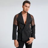 Aidase Men Blazer Mesh Patchwork See Through Streetwear Double Breasted Lapel Long Sleeve Outerwear Fashion Men Casual Suits aidase-shop