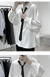 Aidase Black Long-sleeved Shirts Men Korean Comfortable Blouses Casual Loose Single Breasted Shirt With Tie aidase-shop