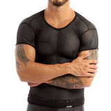 Mens Sexy Mesh See-Through Shirts Short Sleeve Nightclub Clubwear  Sheer Tank Vest  Tops Shirt Costume Fish Net t-Shirt aidase-shop