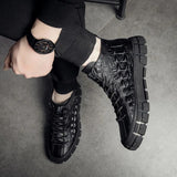 Black Uneven Leather Winter Boots Men Cool Casual Fur Boots for Youth Boys Alligator Print Platform Sneakers Men Autumn Shoes aidase-shop