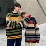 Aidase  Men's Japanese Pullover Round Neck Color Matching Coats Striped Wool Sweaters Loose Lazy Style Retro Cashmere Knitting aidase-shop