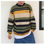 Aidase  Men's Japanese Pullover Round Neck Color Matching Coats Striped Wool Sweaters Loose Lazy Style Retro Cashmere Knitting aidase-shop