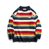 Harajuku Streetwear Daisy Rainbow Striped Vintage Knitted Sweater Autumn Winter Loose Thicken Warm Hip Hop Pullover Sweater Men aidase-shop