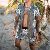 New Men's Hawaiian Print Lapel Short Sleeve Shirt Set Summer Men's Fashion Beach Print Quick-drying Shorts Set Two-piece S-3XL aidase-shop