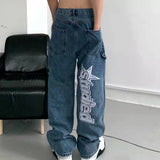 Retro Pockets Letter Embroidery Ripped Casual Jeans Men and Women Straight Harajuku Oversize Streetwear Denim Trousers aidase-shop