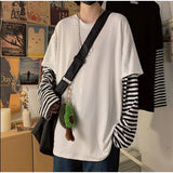 Aidase  Long Sleeve Fake Two-piece T Shirt Striped Big Shirts Men Clothing Men Fashion  New Oversized Tees Clothes Tshirt aidase-shop