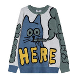 Aidase Men Sweater Cartoon Funny Cat Print O-Nec Pullover Sweaters Men Soft Slim Casual High Street Fashion Autumn Streetwear aidase-shop