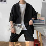 Korean Style Men's Set Suit Jacket and Shorts Solid Thin Short Sleeve Single Pocket Knee-Length Summer Oversized Clothing Man aidase-shop