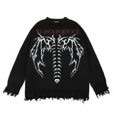 Aidase  Skeleton Jacquard Sweater Mens High Street Autumn Knitted Sweater Raw Hem Ripped  Loose Crew Neck Long Sleeve Pullover Men aidase-shop