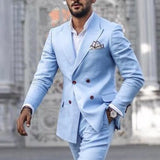 Aidase Pants Plain Men's Suit Blazer And Pants Blue Solid Double-Breasted OL Office Casual Wear Fashion Male Blazer Clothing aidase-shop