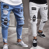 Aidase  Men Stretchy Ripped Skinny Biker Embroidery Cartoon Print Jeans Destroyed Hole Slim Fit Denim High Quality Hip Hop Black Jeans aidase-shop