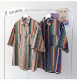 Summer Striped Shirt Men's Fashion Contrast Color Casual Short Sleeve Shirt Men Streetwear Wild Loose Dress Shirts Mens S-2XL aidase-shop