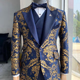 Aidase  2022 Floral Tuxedo Suits for Men Wedding Slim Fit Navy Blue and Gold Gentleman Jacket with Vest Pant 3 Piece Male Costume aidase-shop