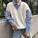 Aidase 2021 Men's Fake Two Clothes Pullover Lapel Collar Knitting BF Korean Style Coats Top Student Sweaters Fashion Trend Outerwear aidase-shop