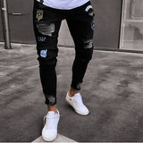 Aidase  Men Stretchy Ripped Skinny Biker Embroidery Cartoon Print Jeans Destroyed Hole Slim Fit Denim High Quality Hip Hop Black Jeans aidase-shop