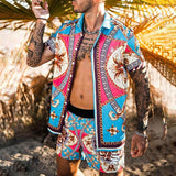 New Men's Hawaiian Print Lapel Short Sleeve Shirt Set Summer Men's Fashion Beach Print Quick-drying Shorts Set Two-piece S-3XL aidase-shop