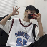 Shirt Basketball uniform two-piece student summer Korean retro all-match t-shirt loose O-neck letters sleeveless vest cool lover aidase-shop