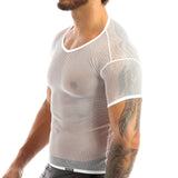 Mens Sexy Mesh See-Through Shirts Short Sleeve Nightclub Clubwear  Sheer Tank Vest  Tops Shirt Costume Fish Net t-Shirt aidase-shop