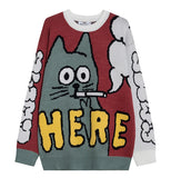 Aidase Men Sweater Cartoon Funny Cat Print O-Nec Pullover Sweaters Men Soft Slim Casual High Street Fashion Autumn Streetwear aidase-shop