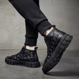 Black Uneven Leather Winter Boots Men Cool Casual Fur Boots for Youth Boys Alligator Print Platform Sneakers Men Autumn Shoes aidase-shop