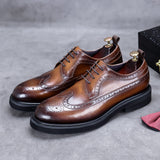 Handmade Leather Shoes Men Summer New Brogue Carved Business Dress Shoe Mens Black Casual Increase British Lace-Up Oxfrods aidase-shop