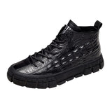 Black Uneven Leather Winter Boots Men Cool Casual Fur Boots for Youth Boys Alligator Print Platform Sneakers Men Autumn Shoes aidase-shop