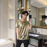 Reflective Sequins T Shirt Men Fashion Casual Short-sleeved T-shirt Men Streetwear Hip Hop Loose Performance Tshirt Man Tops aidase-shop