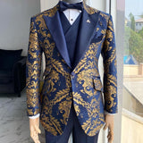 Aidase  2022 Floral Tuxedo Suits for Men Wedding Slim Fit Navy Blue and Gold Gentleman Jacket with Vest Pant 3 Piece Male Costume aidase-shop