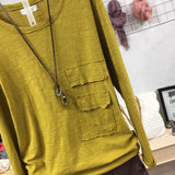 Aidase  Cotton100% Pocket Women T-shirts  Summer Vintage O-neck Long-sleeved Loose Lady Elegant Pulls Tops Tees Top Quality aidase-shop