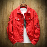 Spring Autumn New Men's Jean Jacket Slim Fit Cotton Denim Jacket Red White Black Ripped Hole Jean Coats Men Outwear Plus size aidase-shop