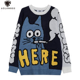 Aidase Men Sweater Cartoon Funny Cat Print O-Nec Pullover Sweaters Men Soft Slim Casual High Street Fashion Autumn Streetwear aidase-shop