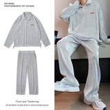 Gray Pleated Sets Men's Fashion Casual Lapel T-shirt Trousers Two-piece Men Treetwear Korean Loose Oversized Mens Sets M-2XL aidase-shop