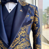 Aidase  2022 Floral Tuxedo Suits for Men Wedding Slim Fit Navy Blue and Gold Gentleman Jacket with Vest Pant 3 Piece Male Costume aidase-shop