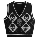 Aidase Y2K Gothic Knit Sweater Vest Skull Argyle Print Pattern Knitwear V-neck Pullover Fashion Jumper Top Women Halloween Streetwear aidase-shop