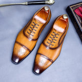 Business Formal Wear Pointed Toe Shoes Men's Leather Oxfords Male Cowhide Lining British Carved Mens Handmade Bullock Shoes aidase-shop