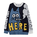 Aidase Men Sweater Cartoon Funny Cat Print O-Nec Pullover Sweaters Men Soft Slim Casual High Street Fashion Autumn Streetwear aidase-shop