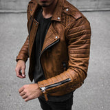 Aidase Plain Standard Fashion Men's Leather Jacket PU Leather Jacket Solid Color Lapel Zipper Men's Long Sleeve Simplicity Casual aidase-shop