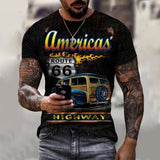 Summer New Route 66 3D Printing Men's Street T-shirt O-neck Short-Sleeved Men's Casual Oversized T-shirt Top XXS-6XL Black aidase-shop