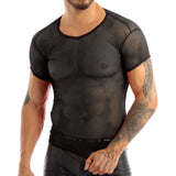 Mens Sexy Mesh See-Through Shirts Short Sleeve Nightclub Clubwear  Sheer Tank Vest  Tops Shirt Costume Fish Net t-Shirt aidase-shop