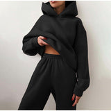 Women's Tracksuit Casual Solid Long Sleeve Hooded Sport Suits Autumn Warm Hoodie Sweatshirts and Long Pant Fleece Two Piece Sets aidase-shop