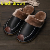 Aidase Men Slippers Black New Winter PU Leather Slippers Warm Indoor Slipper Waterproof Home House Shoes Women Warm Leather Slippers aidase-shop